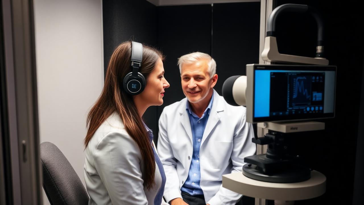 audiologist performing hearing test in sound-proof booth