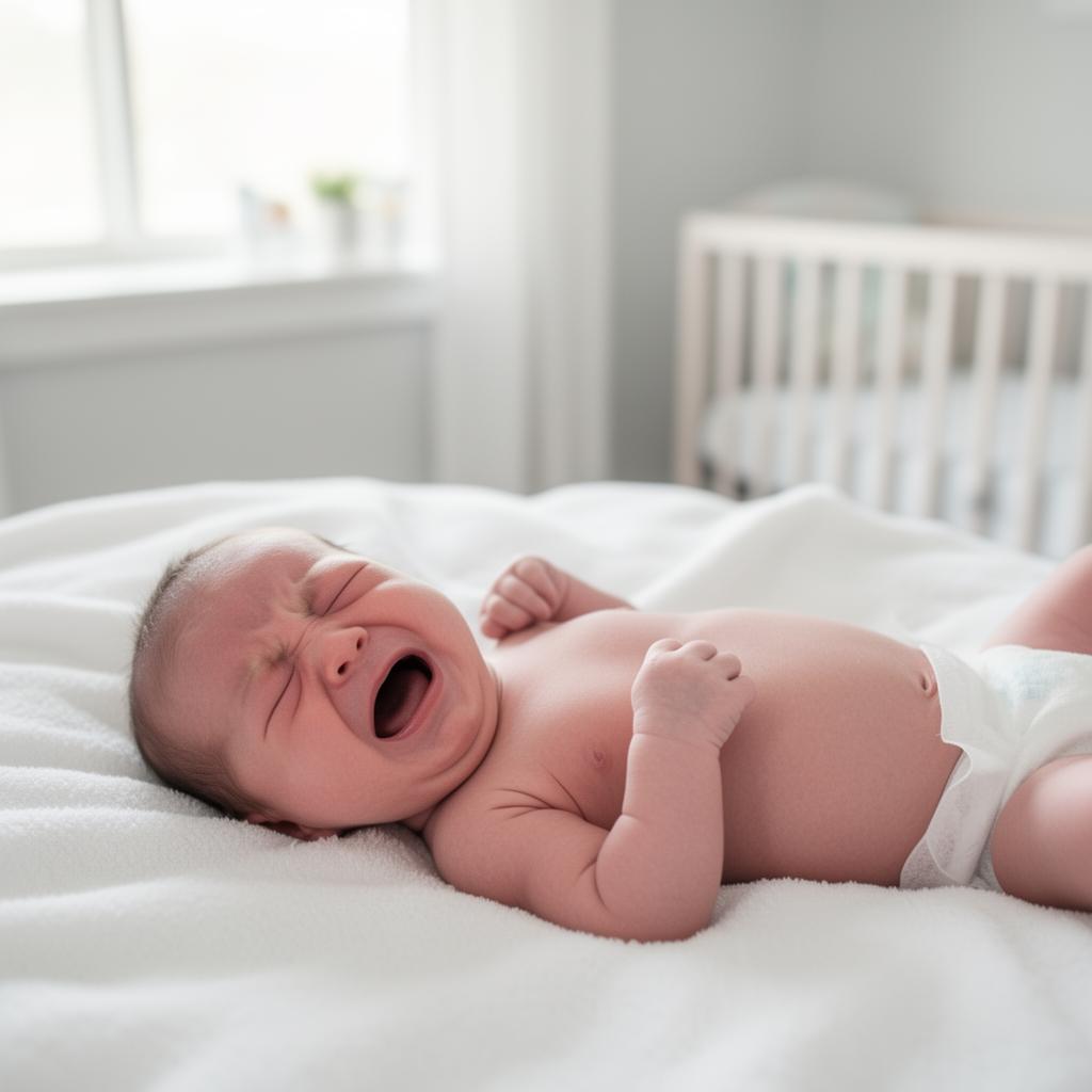 crying baby being held in a nursery room