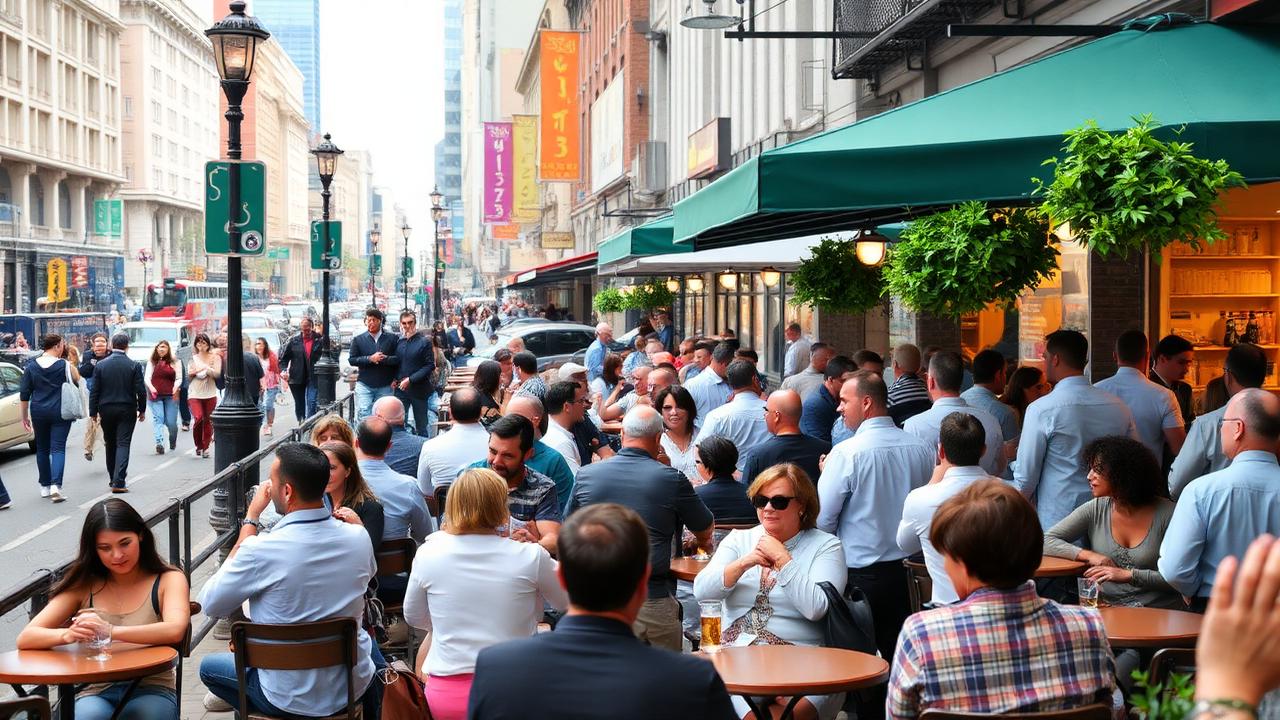 crowded outdoor cafe terrace on busy city street with conversations