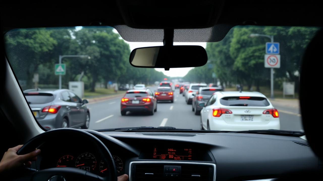 view from car dashboard in busy traffic