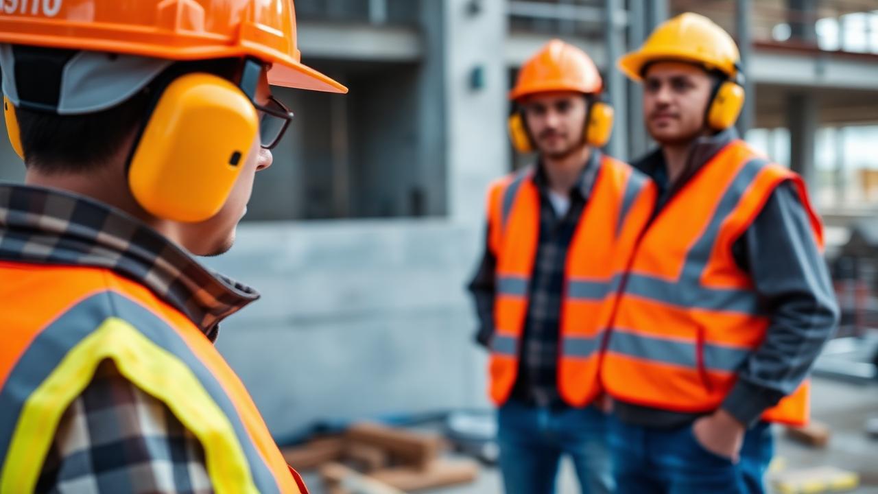 construction workers wearing hearing protection at building site