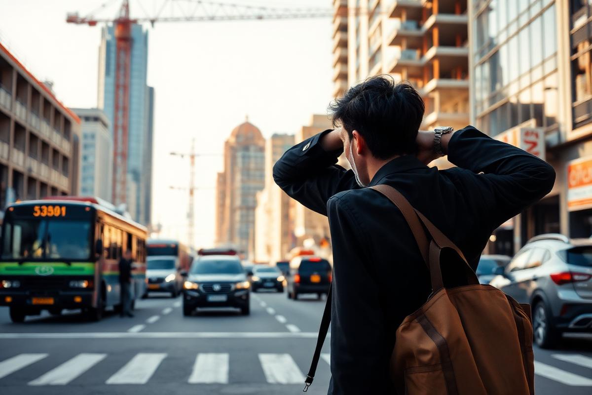 person covering ears on a noisy city street with construction and traffic