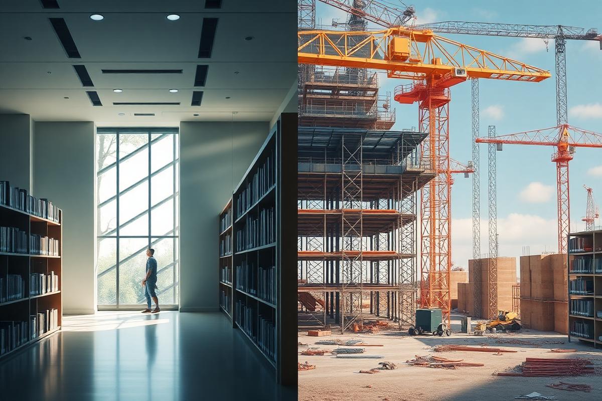 visual comparison of quiet library and loud construction site showing decibel differences