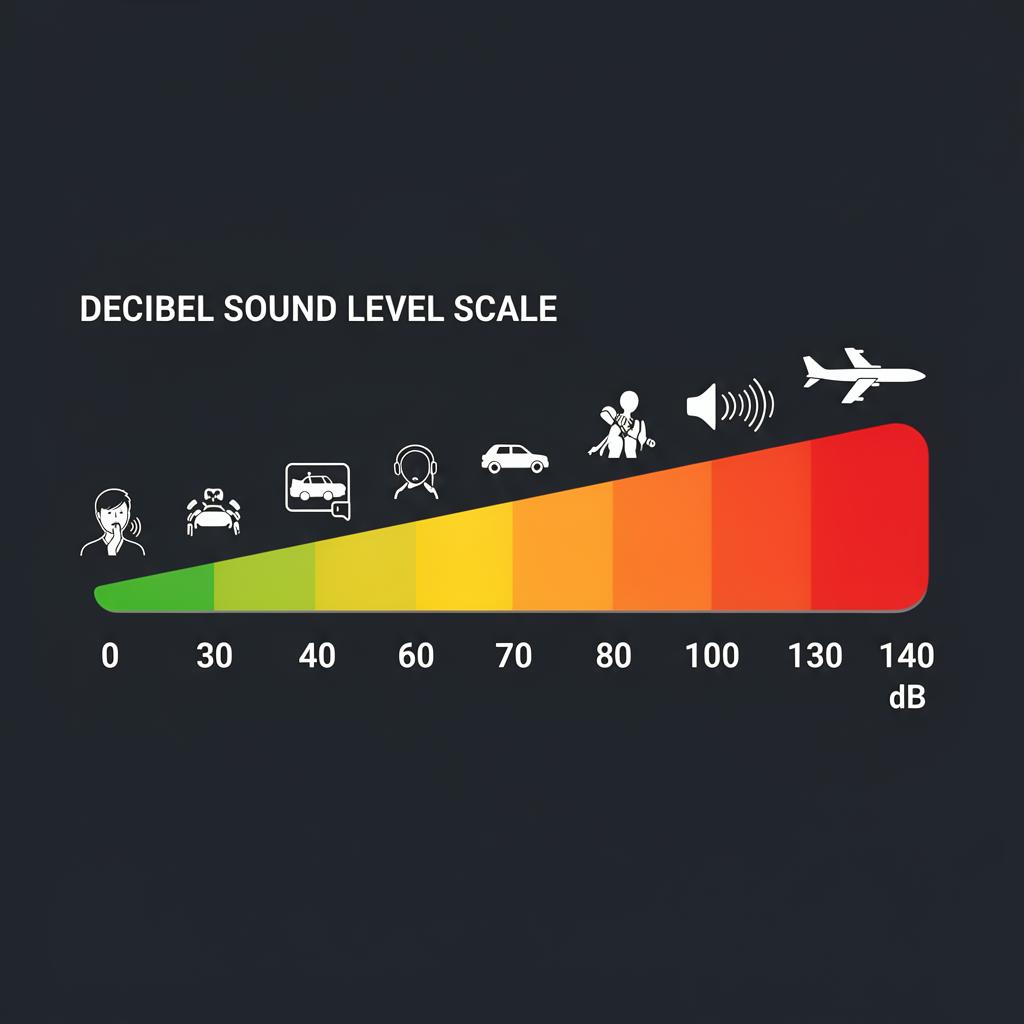 decibel scale chart showing sound levels from 0 to 140 dB