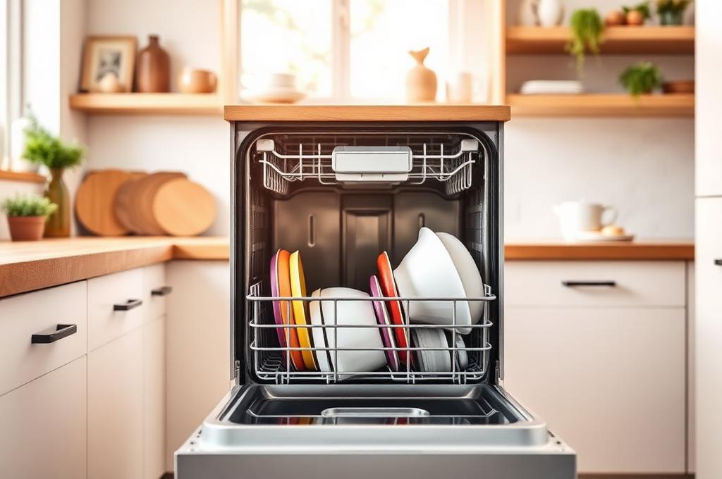 modern dishwasher open in a bright kitchen with dishes