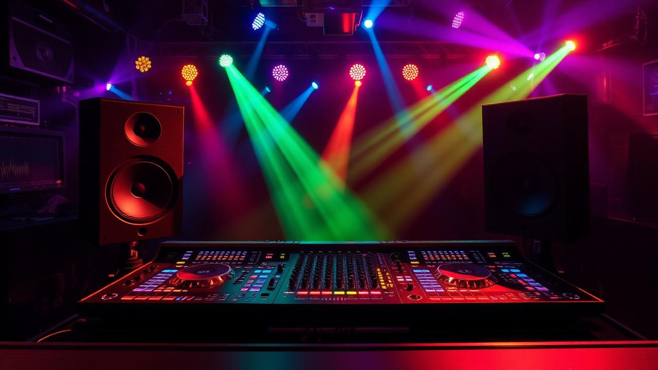 DJ mixing console with large speakers and colorful lights in nightclub