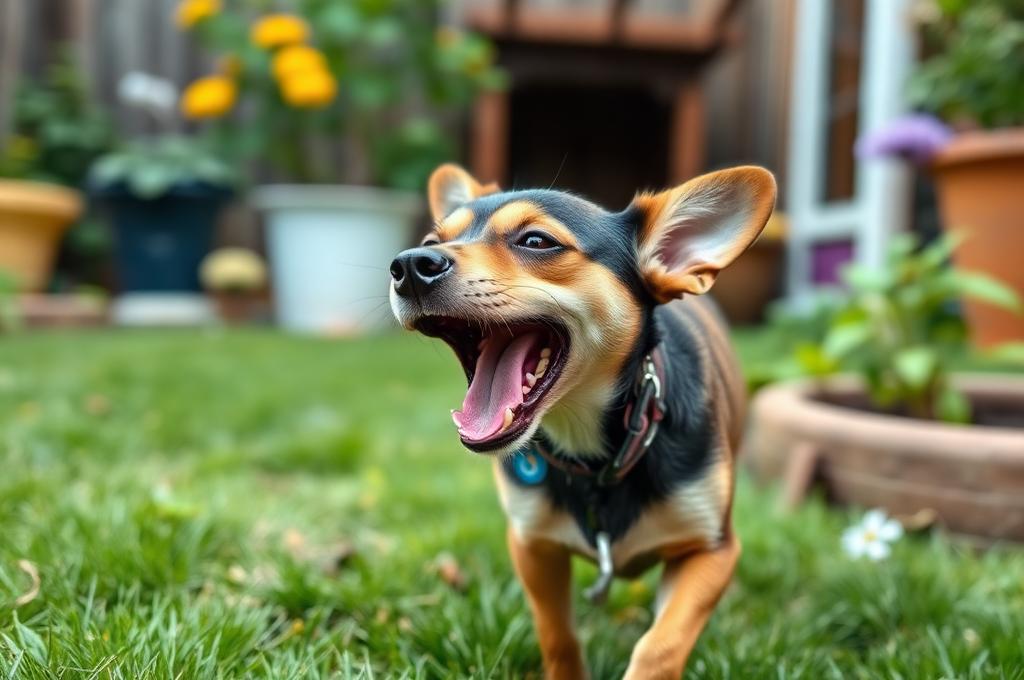 dog barking energetically in a backyard garden