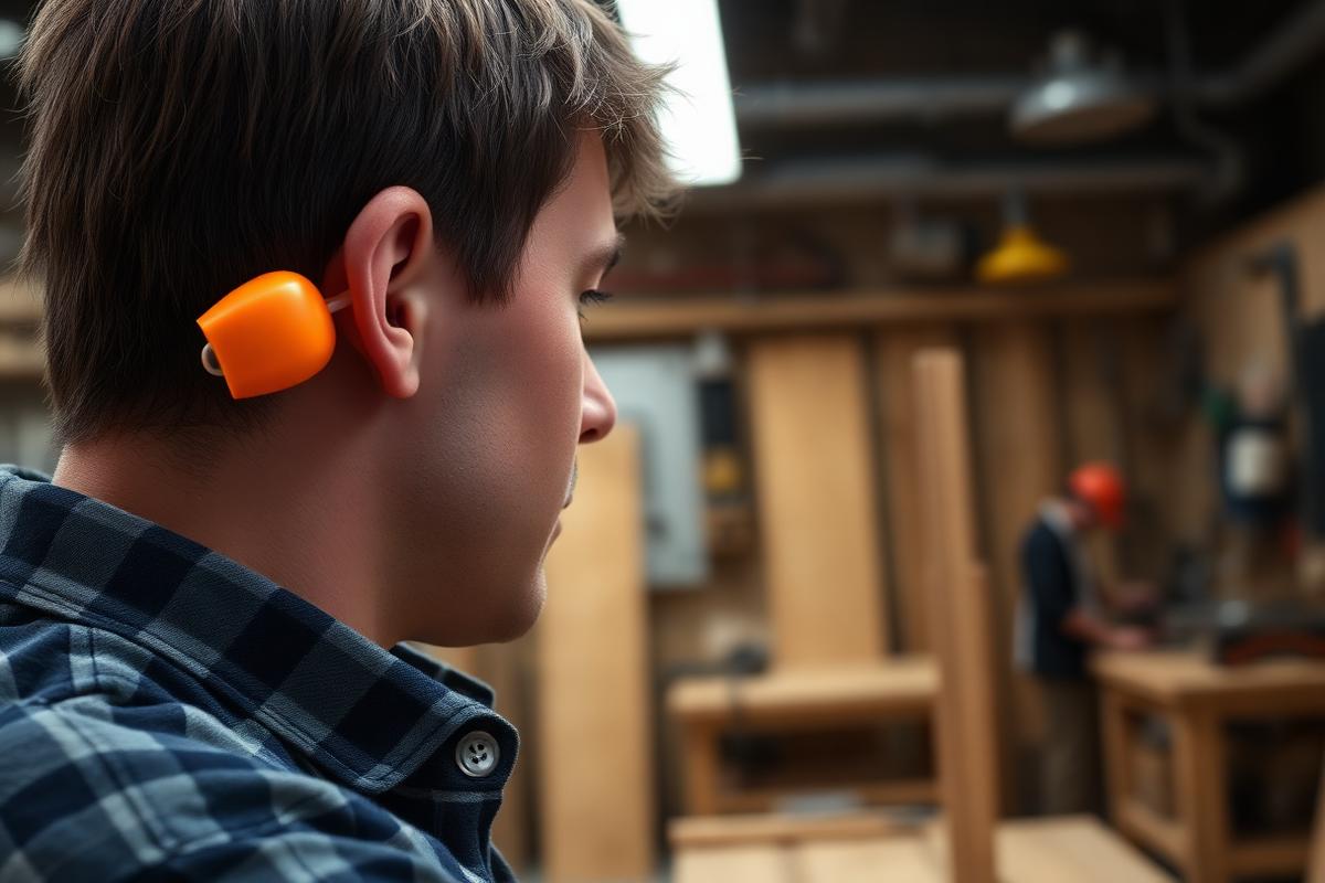 worker wearing ear protection in a noisy workshop environment
