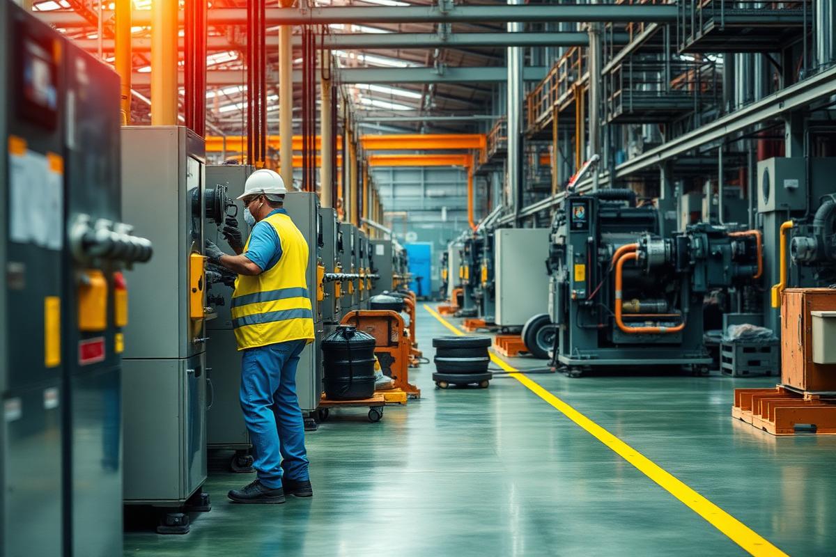 factory worker exposed to high decibel noise levels requiring hearing protection