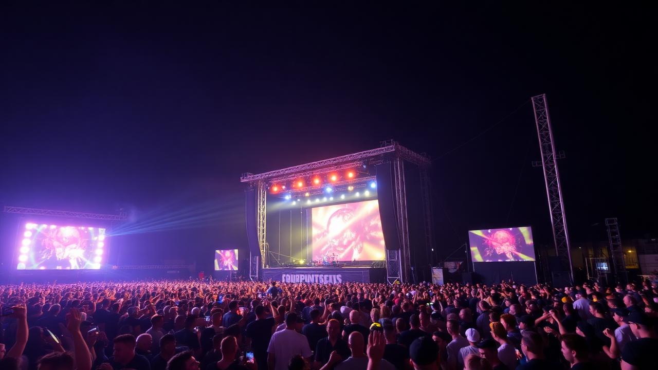 outdoor music festival crowd with colorful stage lights and speaker stacks