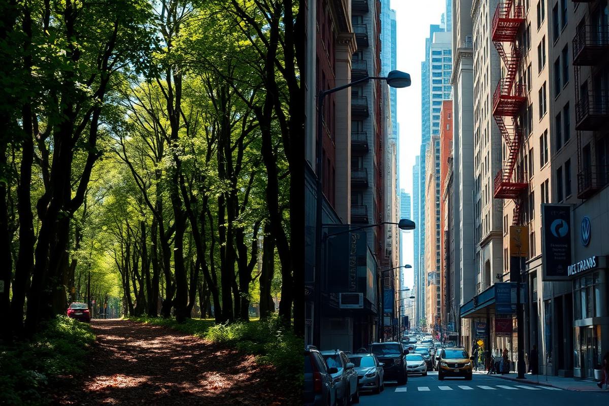 contrast between quiet forest and loud city illustrating the vast range of decibel levels