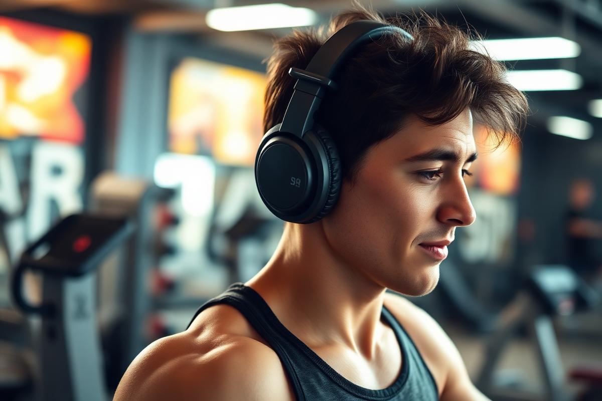 person at gym wearing headphones exposed to potentially dangerous noise levels