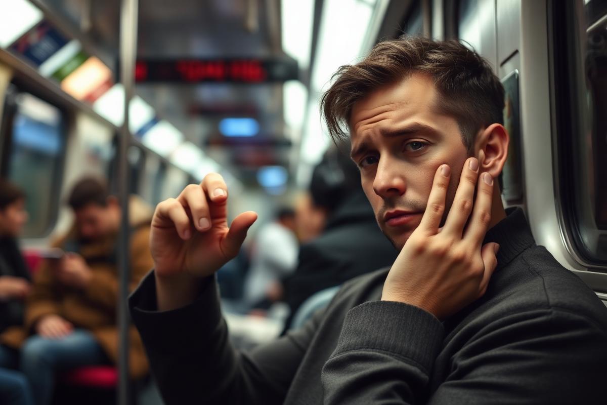 person on subway showing discomfort from loud noise and potential hearing damage