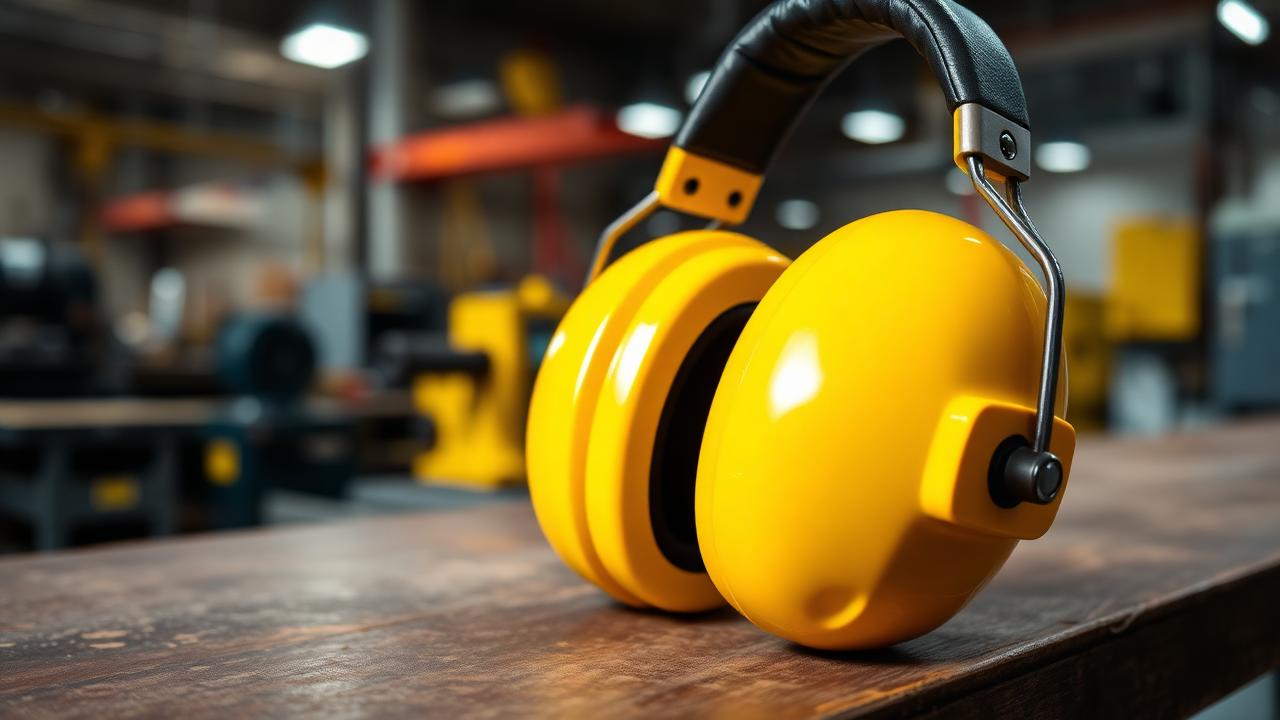 yellow hearing protection earmuffs on industrial workbench