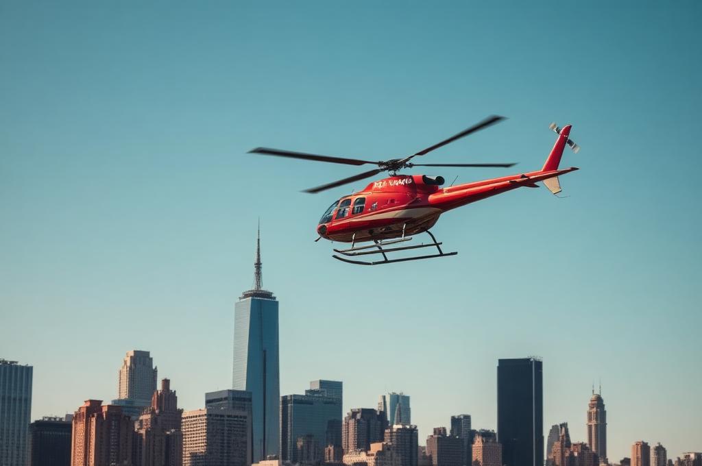helicopter flying over city skyline