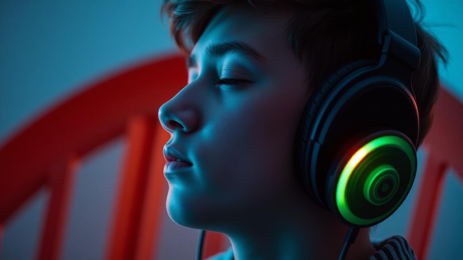 young person wearing over-ear headphones concentrating while listening to a high-frequency test tone