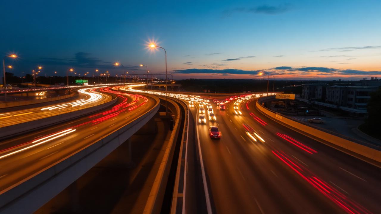 highway traffic at dusk with headlight streaks and motion blur