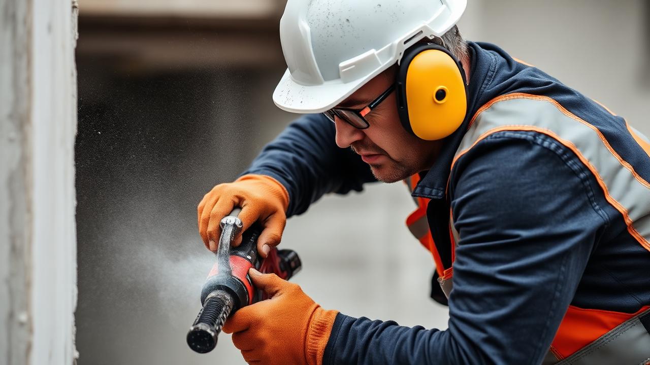 worker operating jackhammer with ear protection on construction site