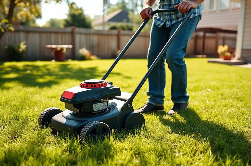 person mowing a green lawn with a gas lawn mower on a sunny day