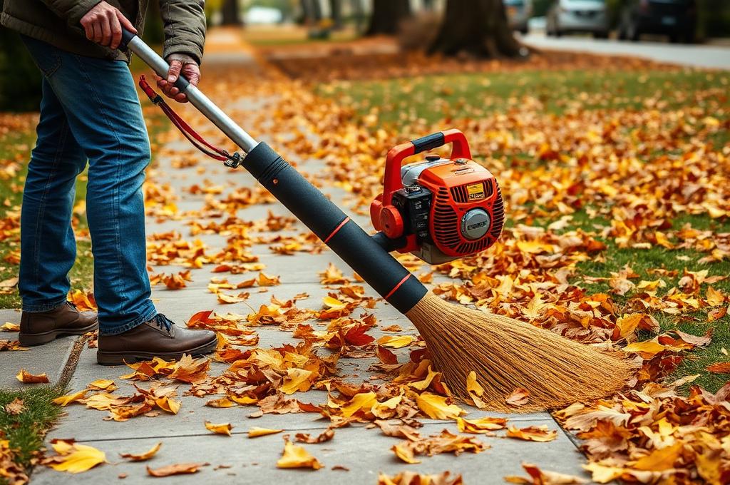 person using a leaf blower to clear autumn leaves from a sidewalk