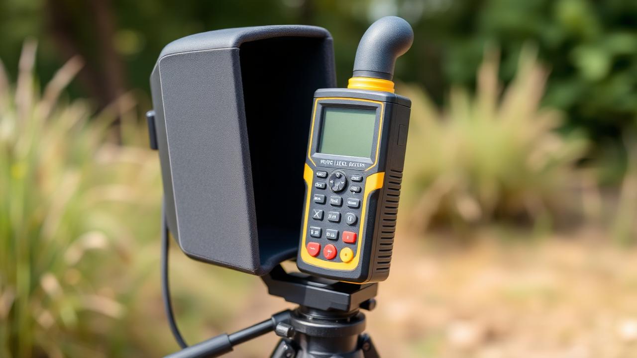 professional sound level meter with windscreen on tripod outdoors