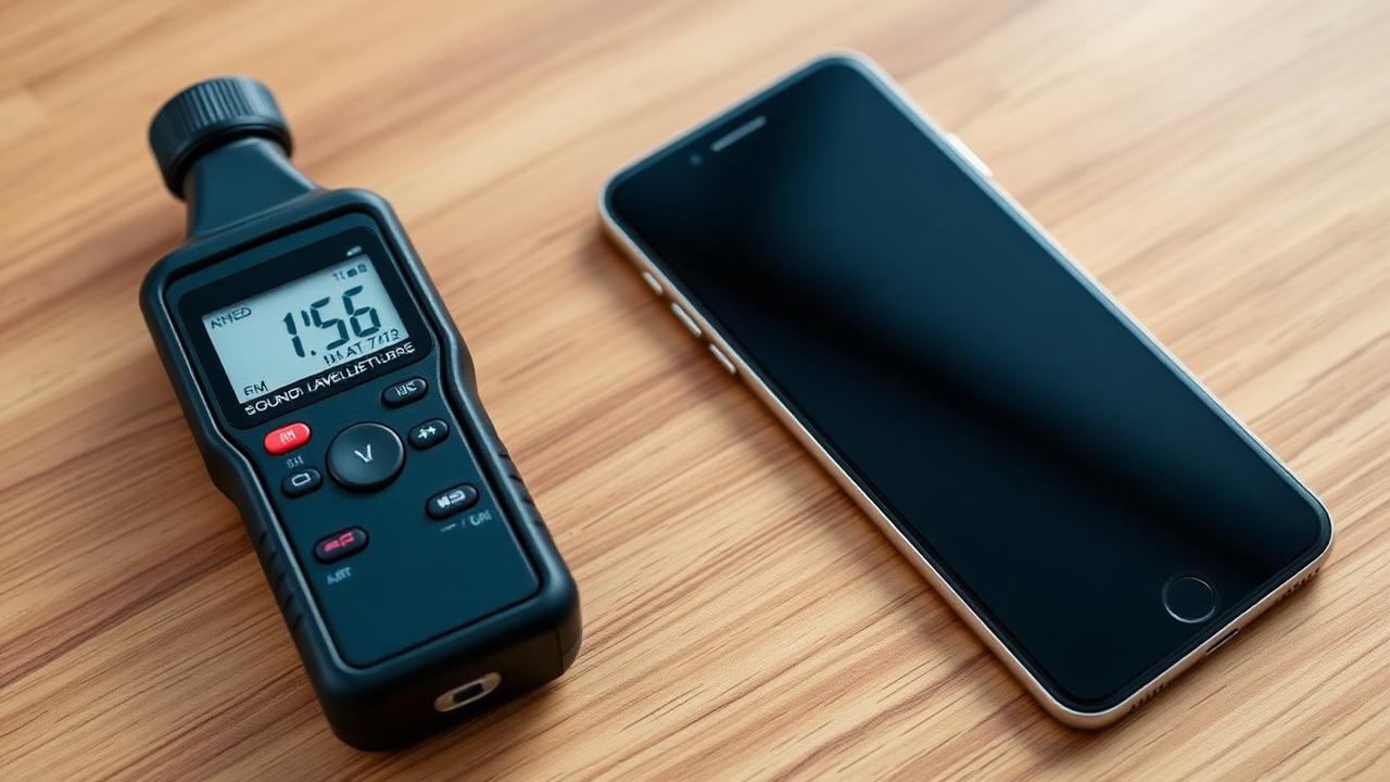 professional sound level meter next to phone side by side comparison