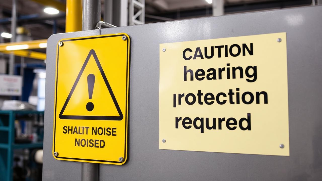 caution hearing protection required warning sign in factory