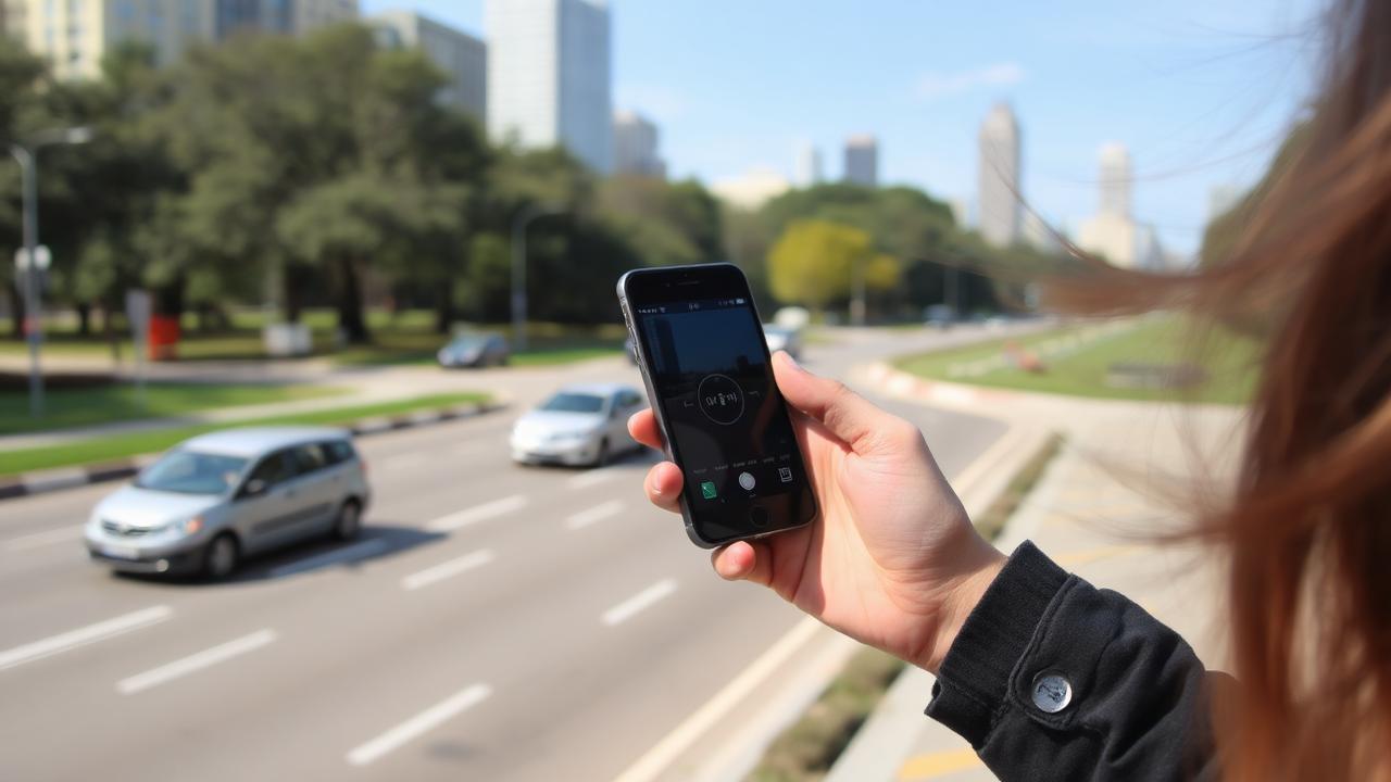 person measuring environmental noise outdoors with smartphone near road