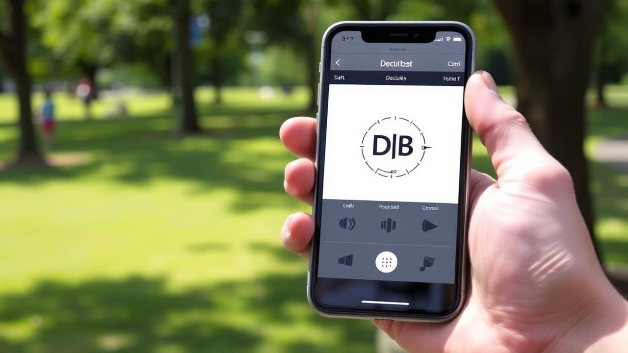 smartphone showing decibel meter app screen in park setting