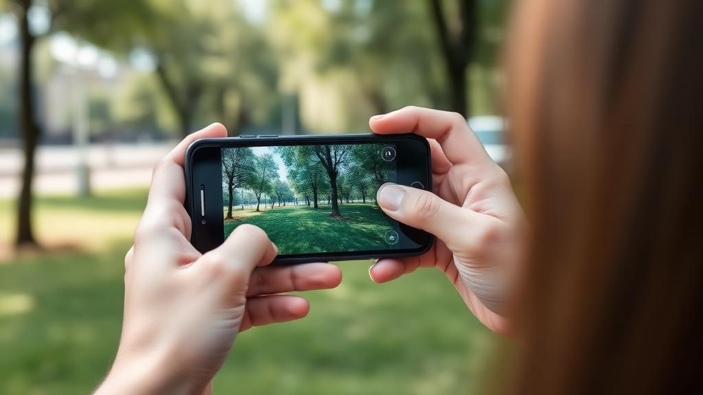 person using smartphone to measure sound levels outdoors