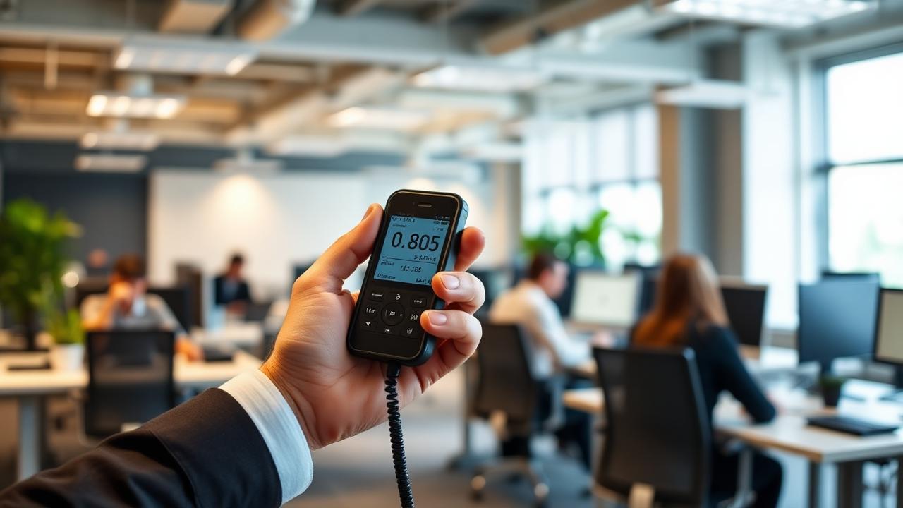 person measuring office noise levels with smartphone