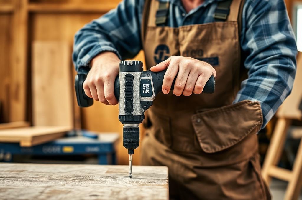 worker using a power drill on wooden surface in workshop