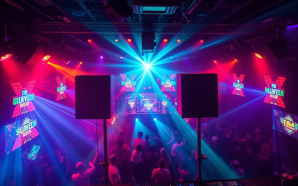 A nightclub with speakers and colorful lights — representing 100 decibels