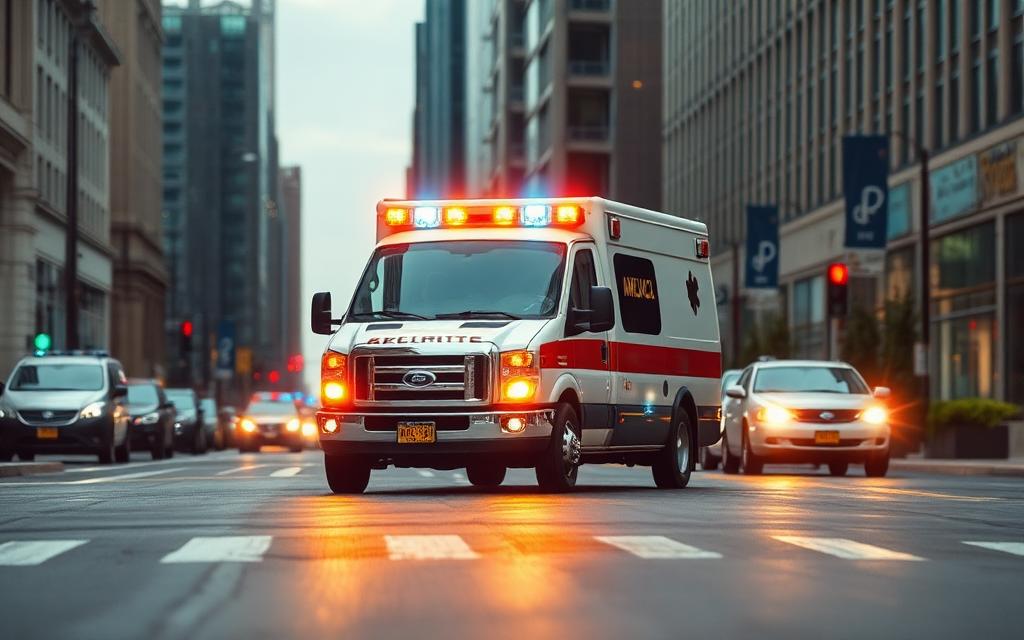 An ambulance with flashing lights and siren — representing 120 decibels