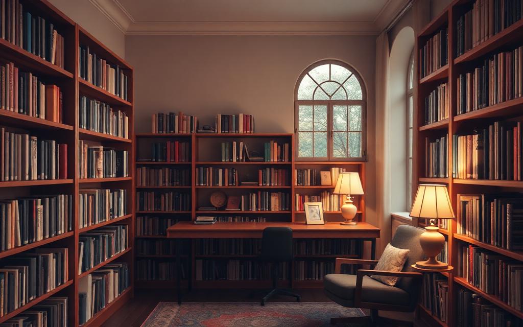 A quiet home library with warm lighting — representing 40 decibels