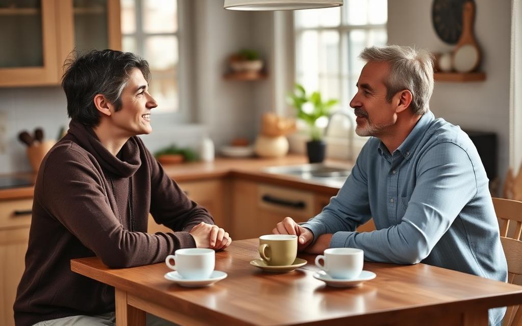 Two people having a conversation over coffee — representing 60 decibels