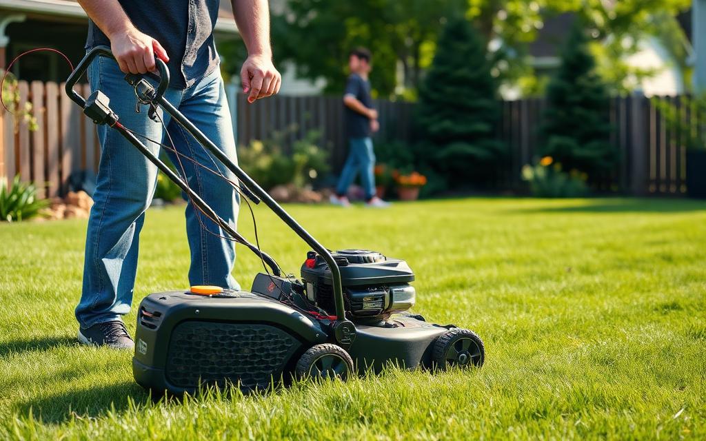 A person mowing a lawn with a gas-powered mower — representing 90 decibels