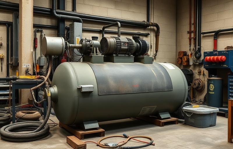 Large industrial air compressor in a workshop with hoses and tools