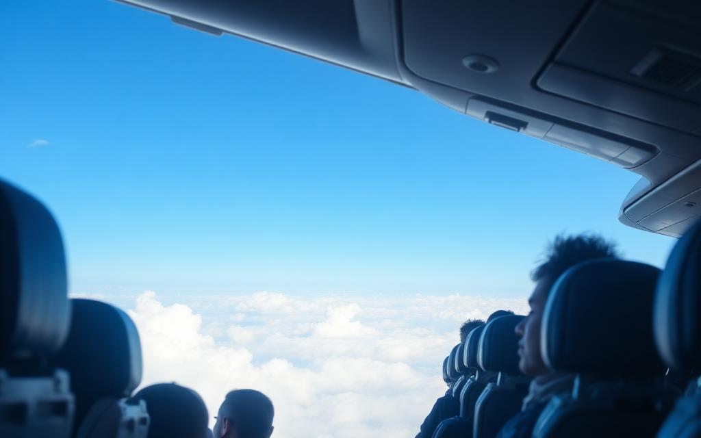 Inside an airplane cabin during flight with passengers