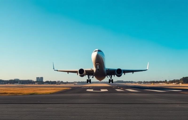 A commercial airplane taking off from a runway