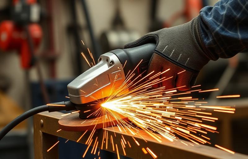 Angle grinder creating sparks while cutting metal in a workshop
