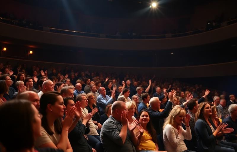 Large audience clapping and cheering in a theater with stage lights