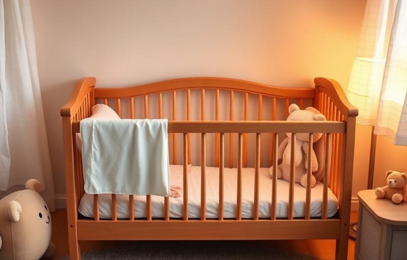 A nursery room with a wooden crib and soft lighting