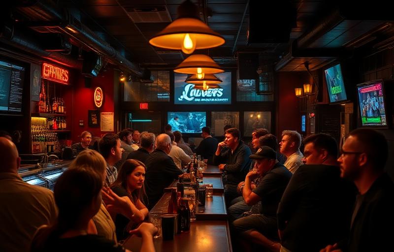 Busy bar with people talking and music playing under dim lighting