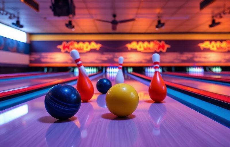 Bowling alley with balls hitting pins under neon lights and polished lanes