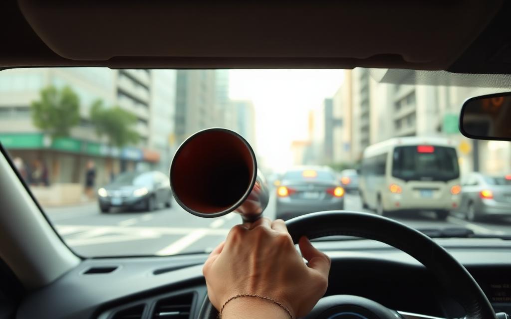 Hand on steering wheel honking horn in city traffic