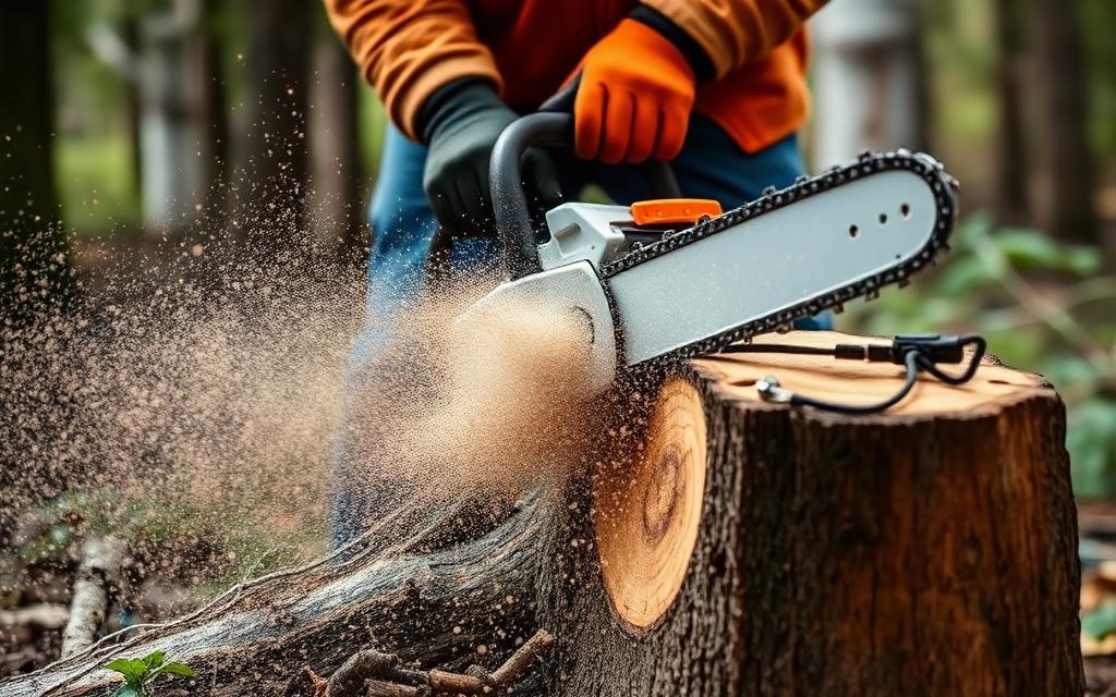 Person cutting wood with a chainsaw, sawdust flying