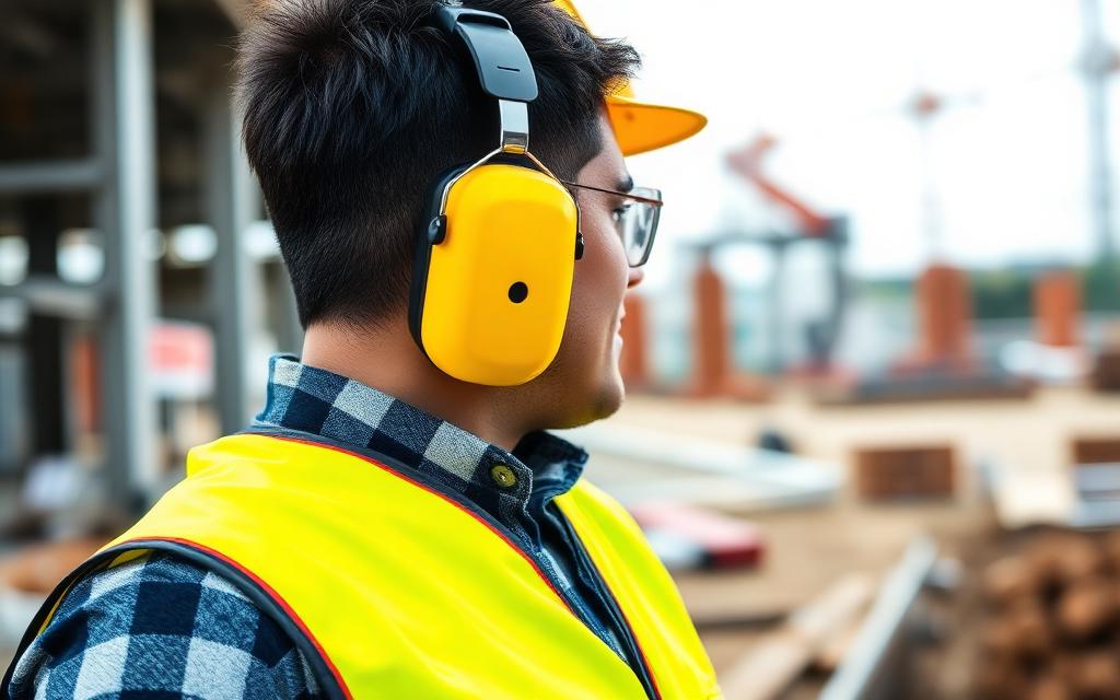 Worker wearing yellow hearing protection earmuffs at construction site