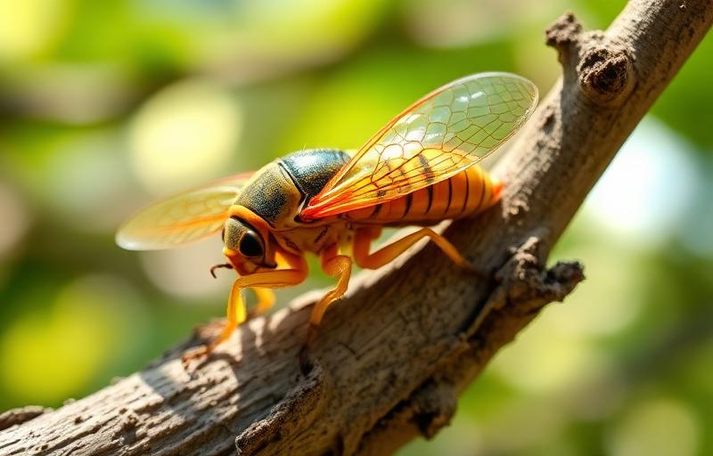 Cicada insect on a tree branch in summer sunlight