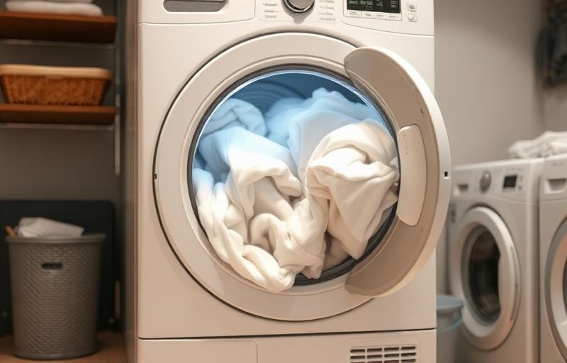 Clothes dryer tumbling laundry in a modern laundry room